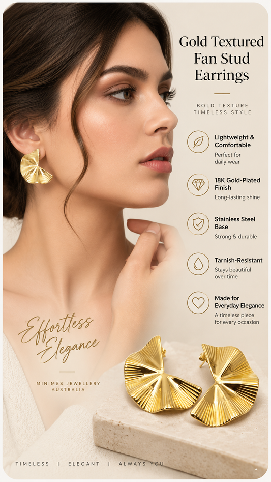 Gold Textured Fan Stud Earrings – Minimal Statement Jewellery Australia