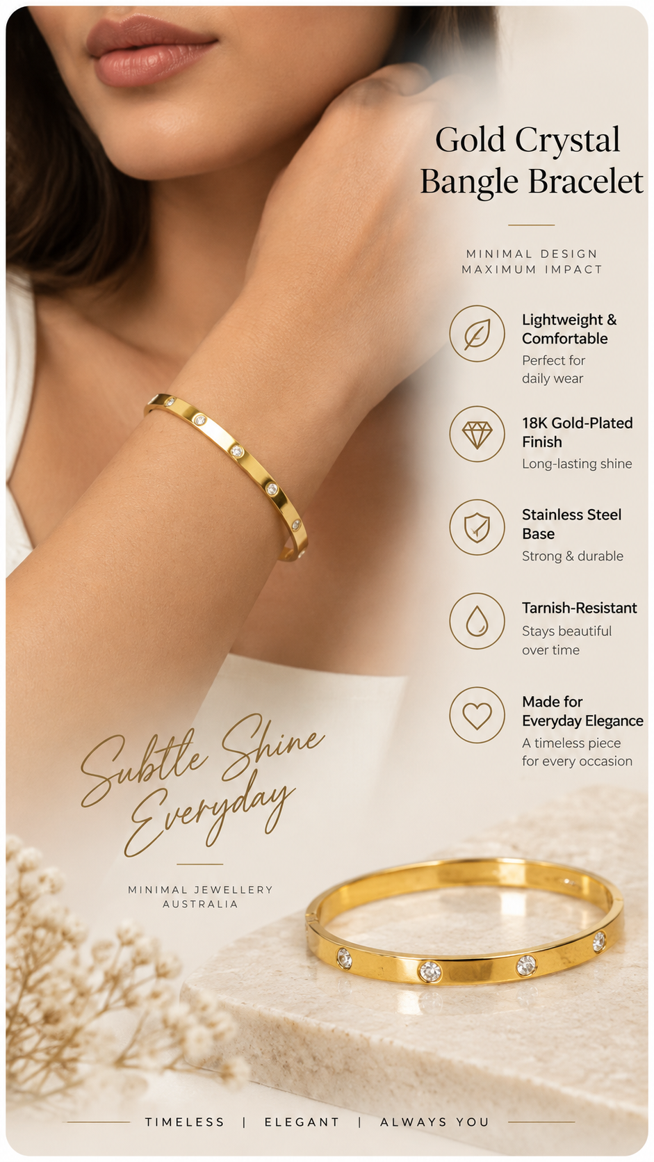 Gold Crystal Bangle Bracelet – Minimal Statement Jewellery Australia