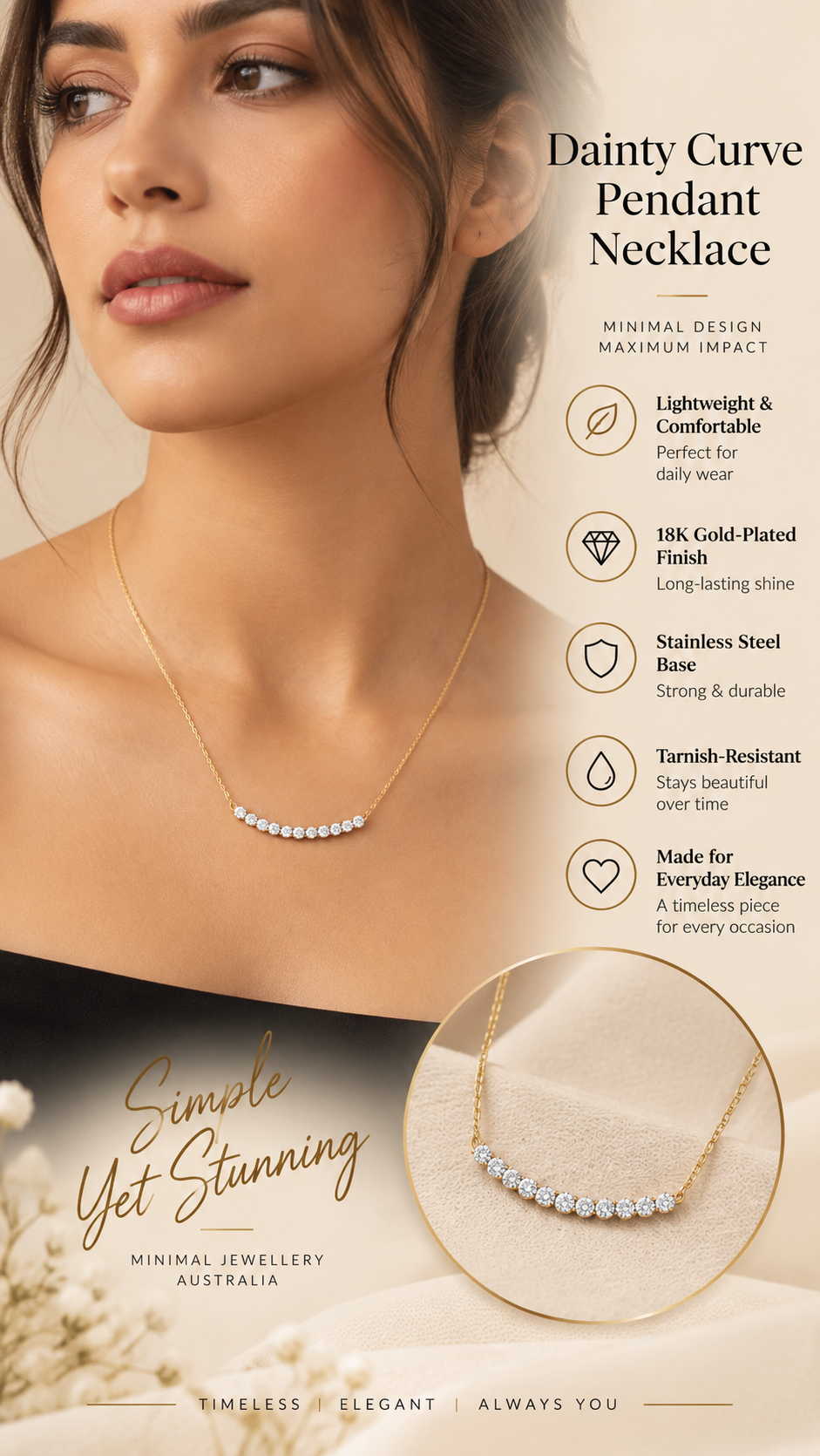 Gold Crystal Curve Necklace – Minimal Statement Jewellery Australia