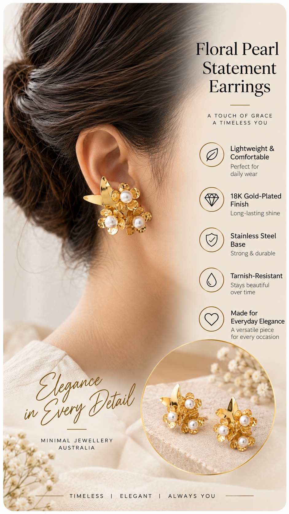 Gold Pearl Floral Stud Earrings – Elegant Statement Jewellery Australia