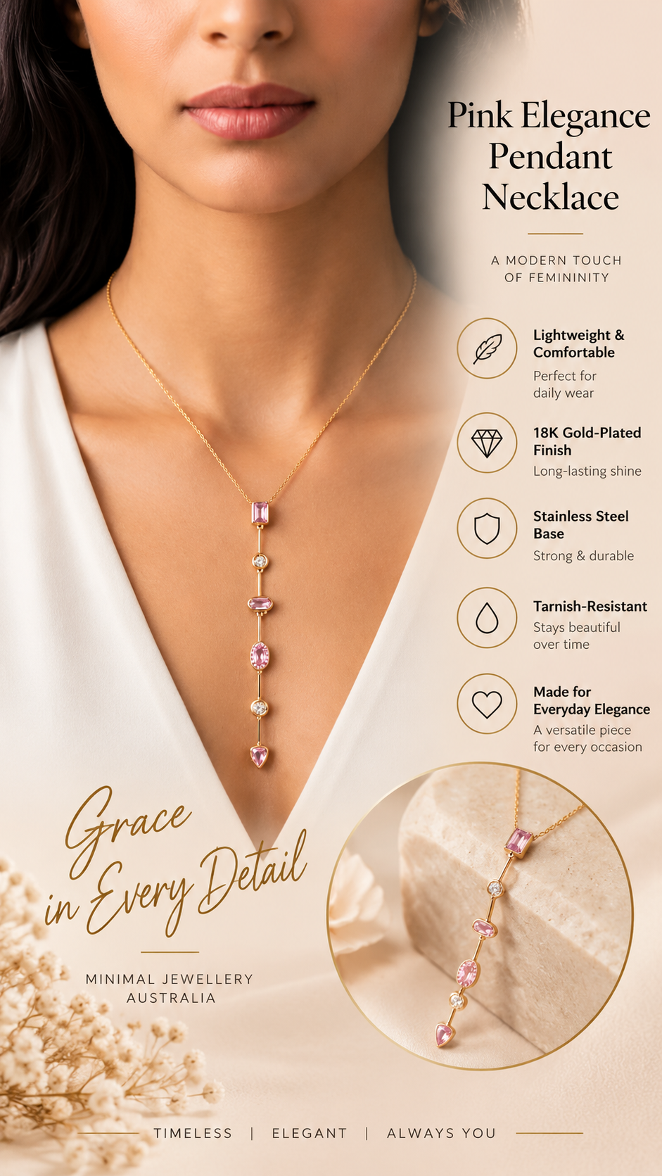 Pink Gemstone Lariat Necklace – Elegant Statement Jewellery Australia