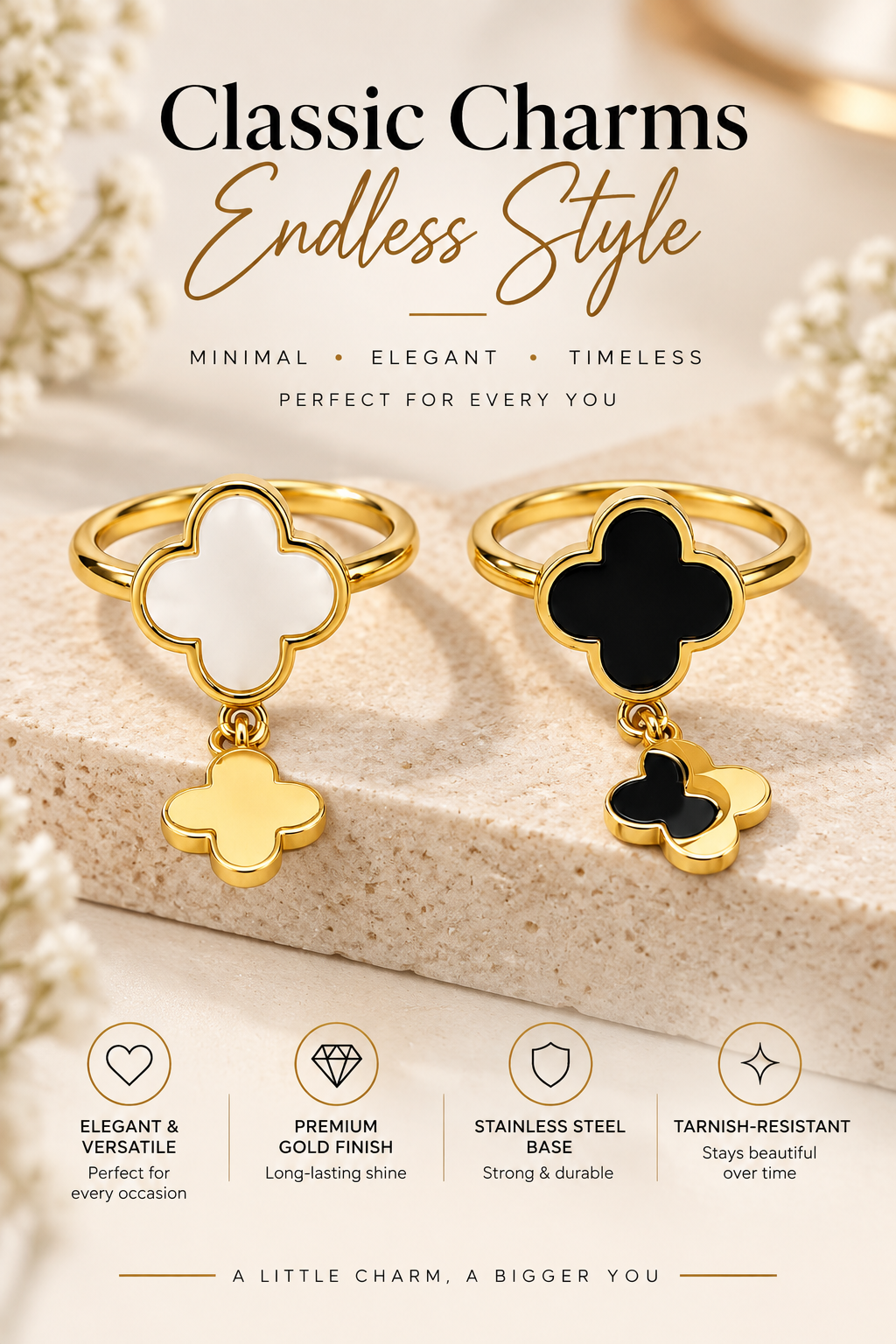 Gold Clover Charm Duo Ring – Minimal Statement Jewellery Australia