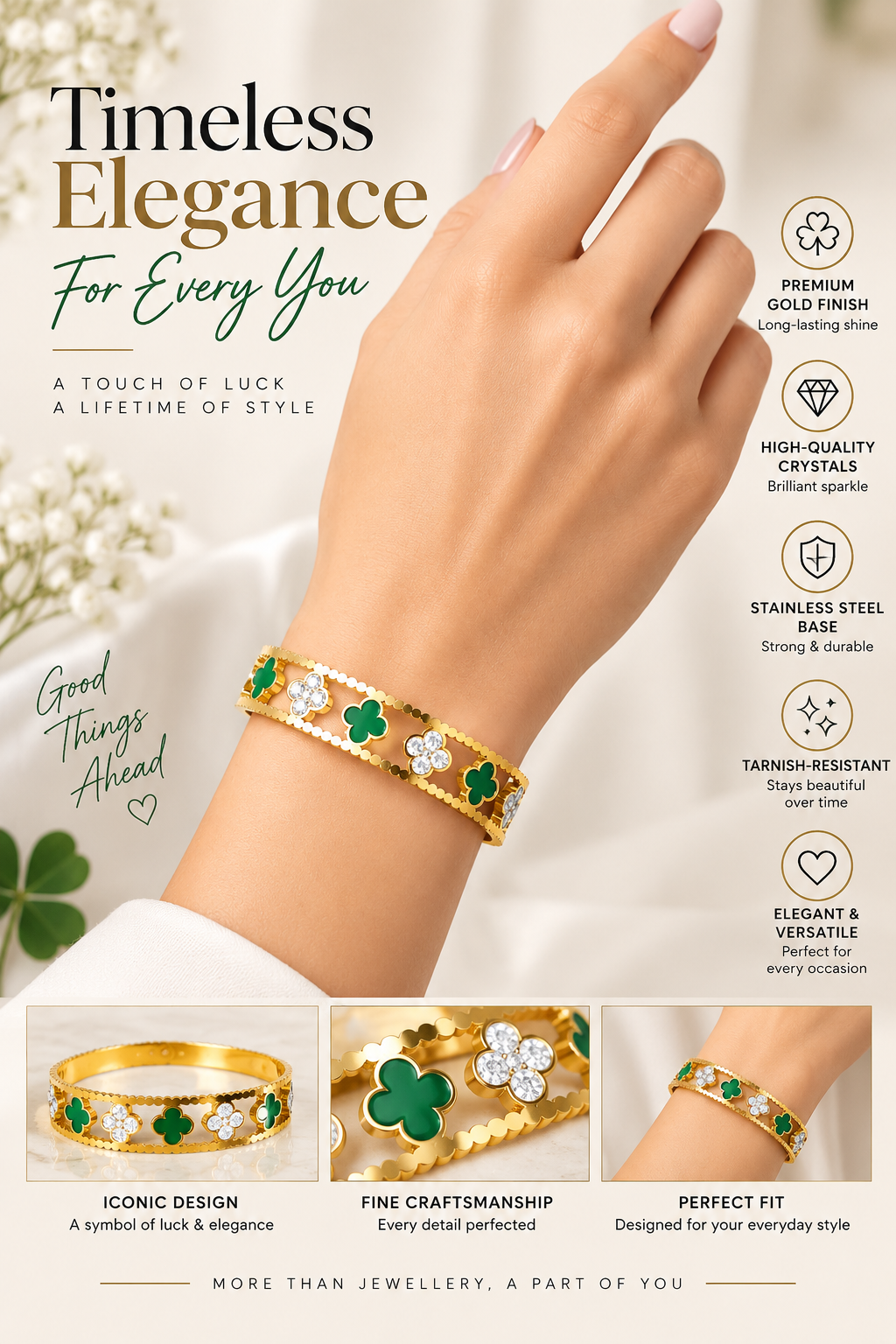 Gold Green Clover Crystal Bangle – Elegant Statement Jewellery Australia
