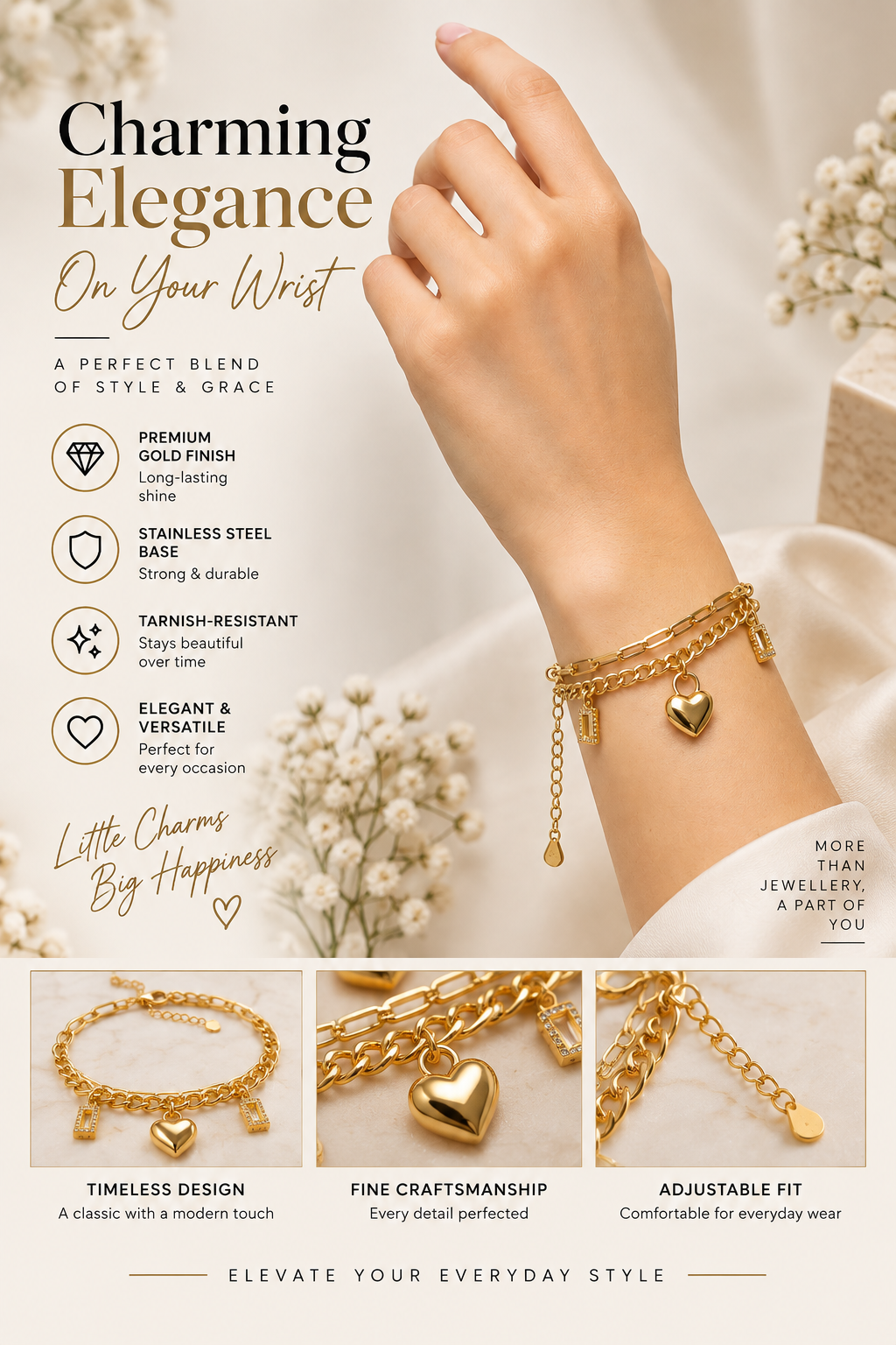 Gold Heart Charm Bracelet – Elegant Luxury Jewellery Australia