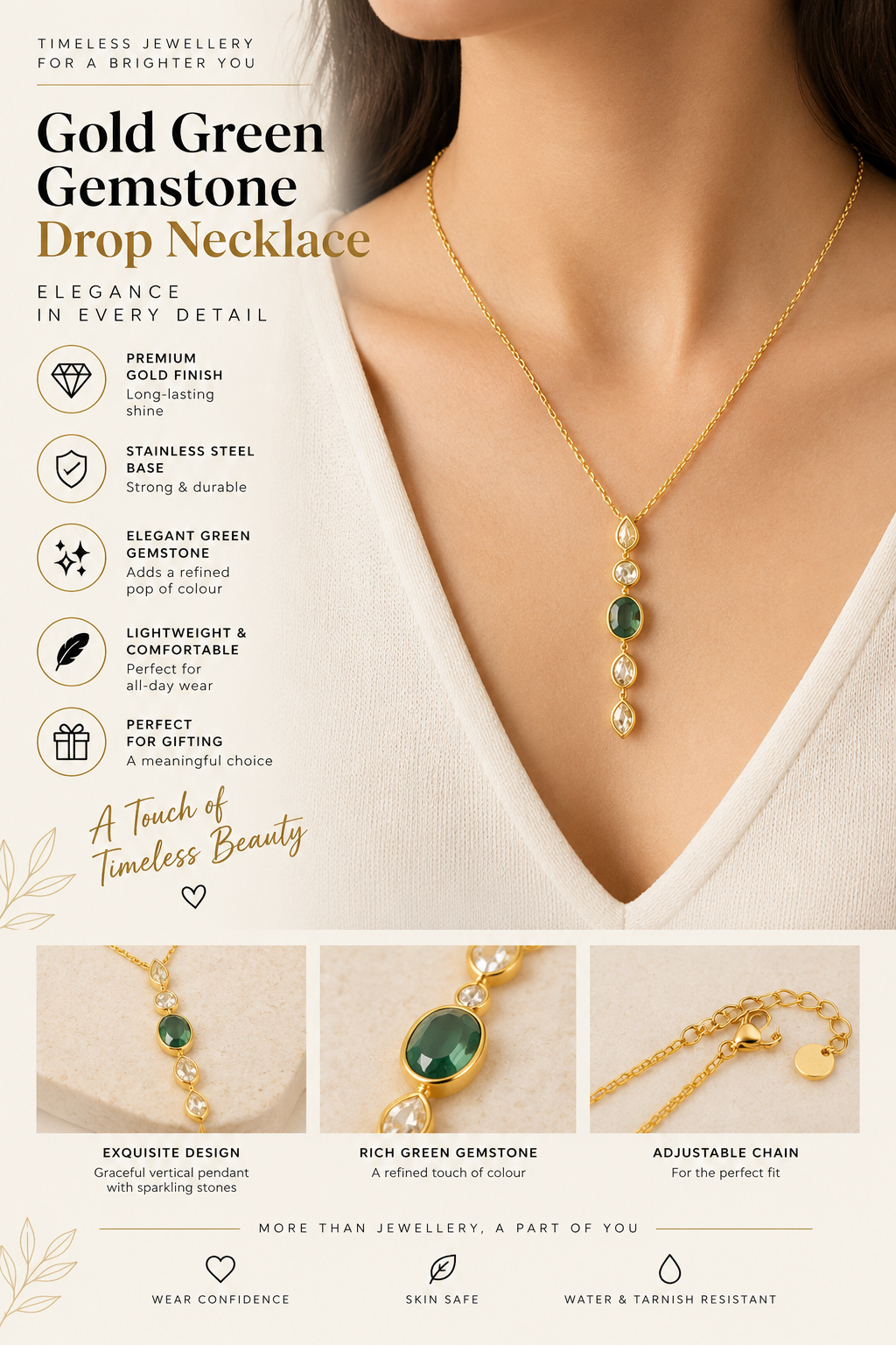 Gold Green Gemstone Drop Necklace – Elegant Luxury Jewellery Australia
