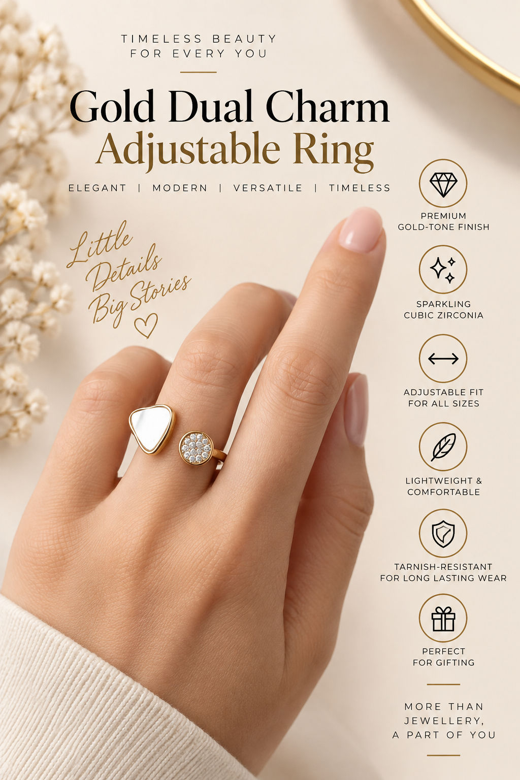 Gold Dual Charm Adjustable Ring – Elegant Luxury Jewellery Australia