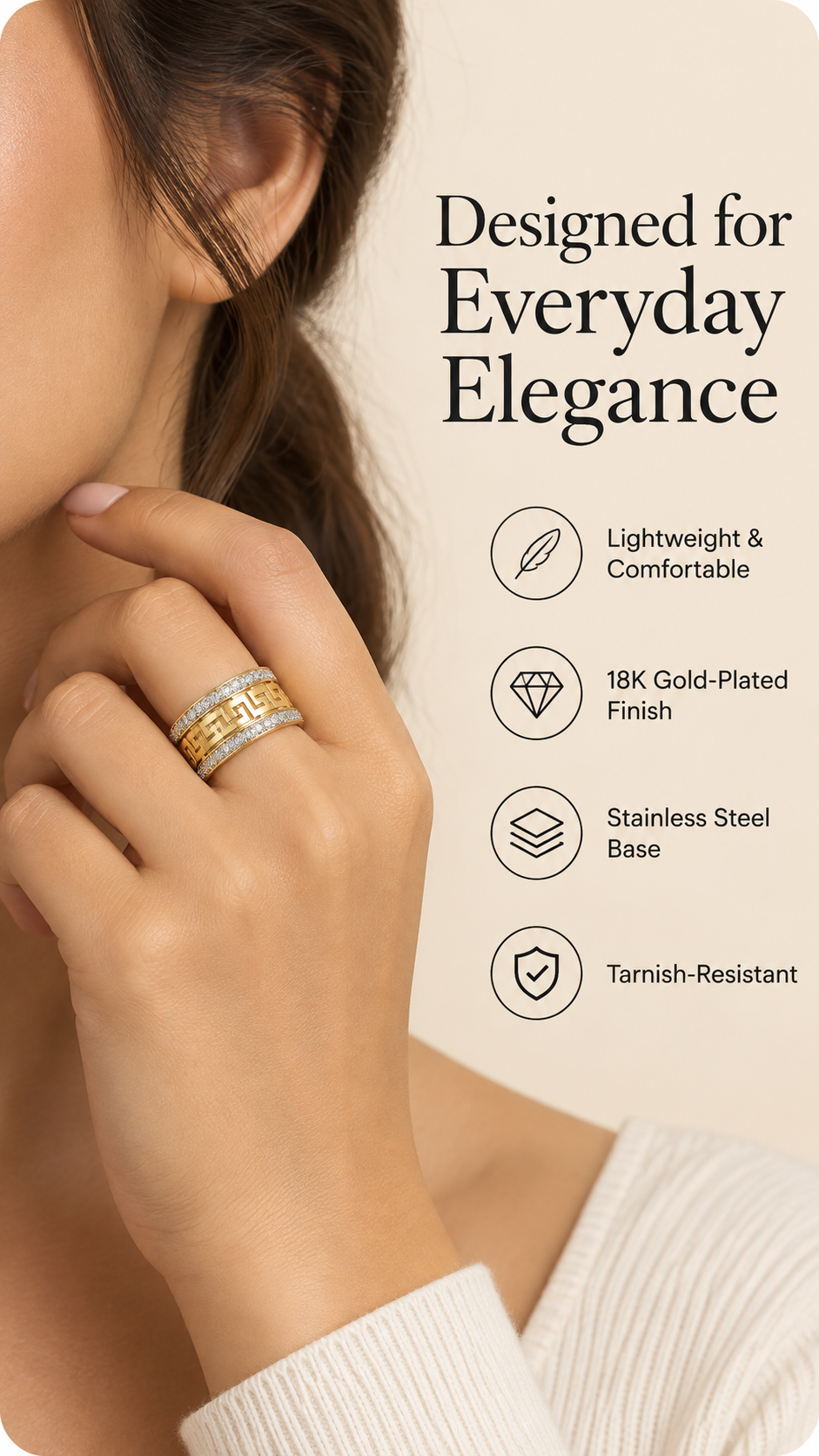 Gold & Silver Greek Key Crystal Ring – Luxury Statement Jewellery Australia