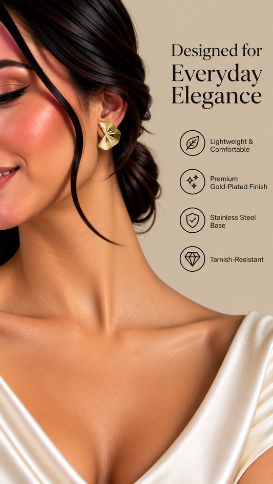 Gold Art Deco Statement Earrings – Fan-Shaped Textured Stud Earrings | Australian Jewellery