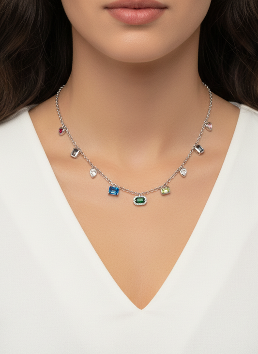 Silver Galaxy Gem Drop Necklace