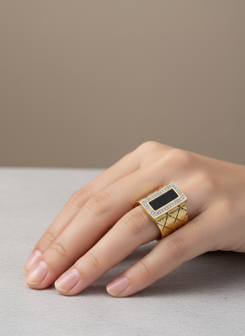 Gold Quilted Rectangle Stone Ring