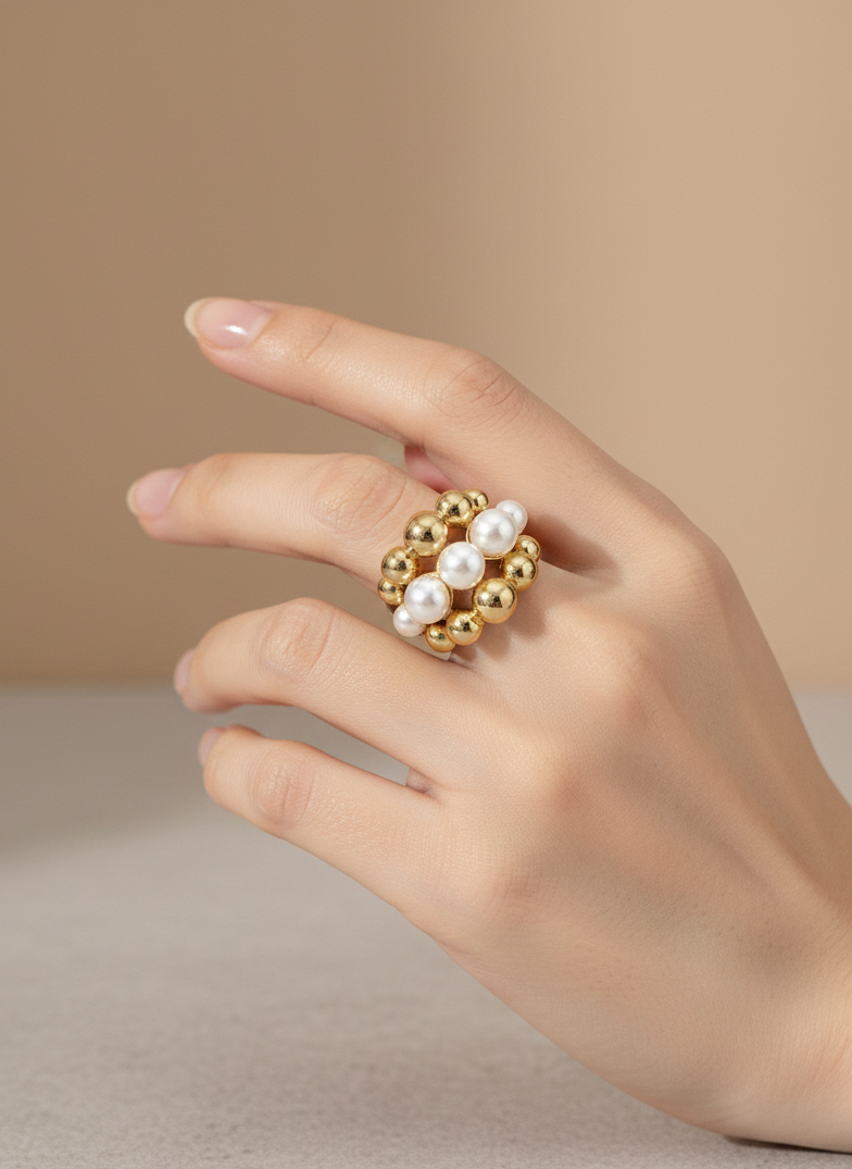 Gold & Pearl Beaded Statement Ring