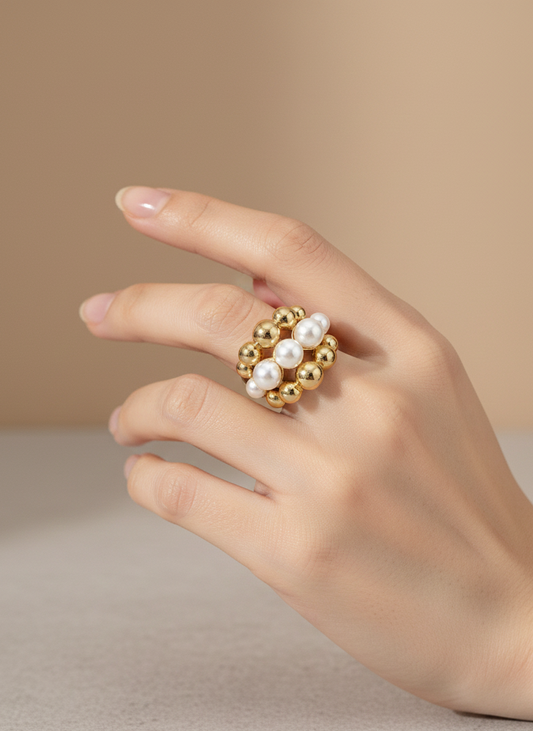 Gold & Pearl Beaded Statement Ring