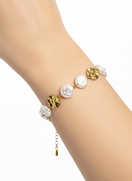 Lustrous Pearl & Gold Coin Bracelet
