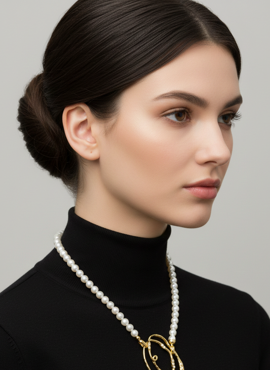 Abstract Crystal-Embellished Pearl Art Necklace