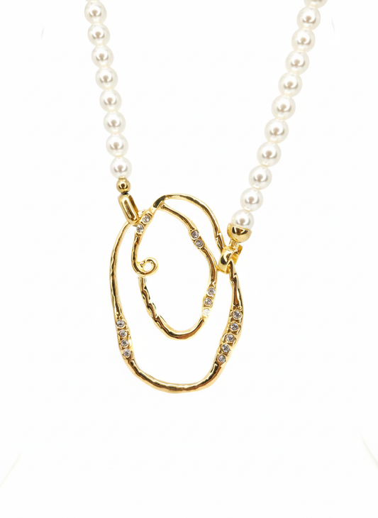 Abstract Crystal-Embellished Pearl Art Necklace