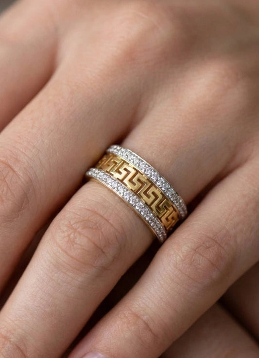 Dual-Tone Greek Key Band Ring - ZIORF