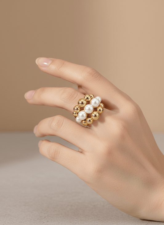 Gold & Pearl Beaded Statement Ring - ZIORF