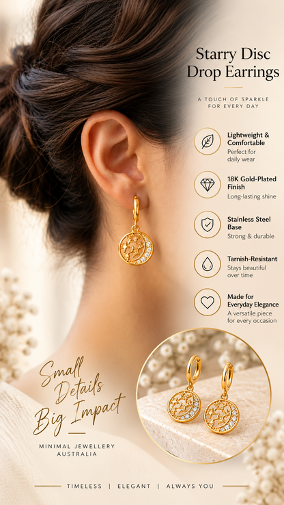 Gold Starry Disc Drop Earrings – Elegant Statement Jewellery Australia