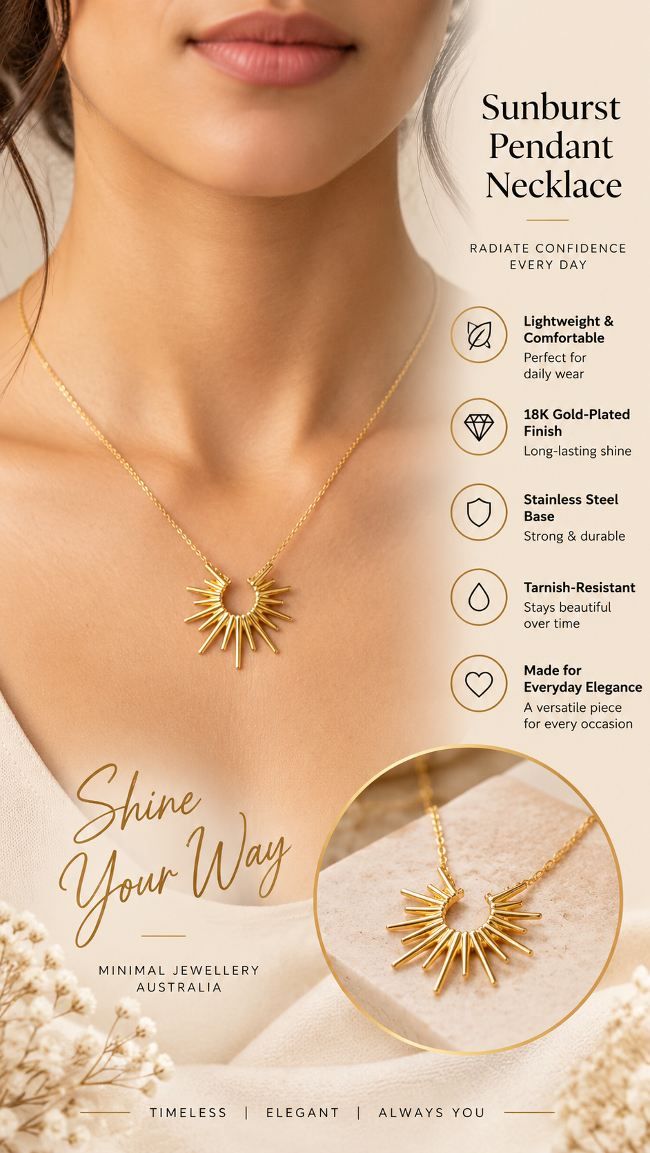 Gold Sunburst Pendant Necklace – Minimal Statement Jewellery Australia
