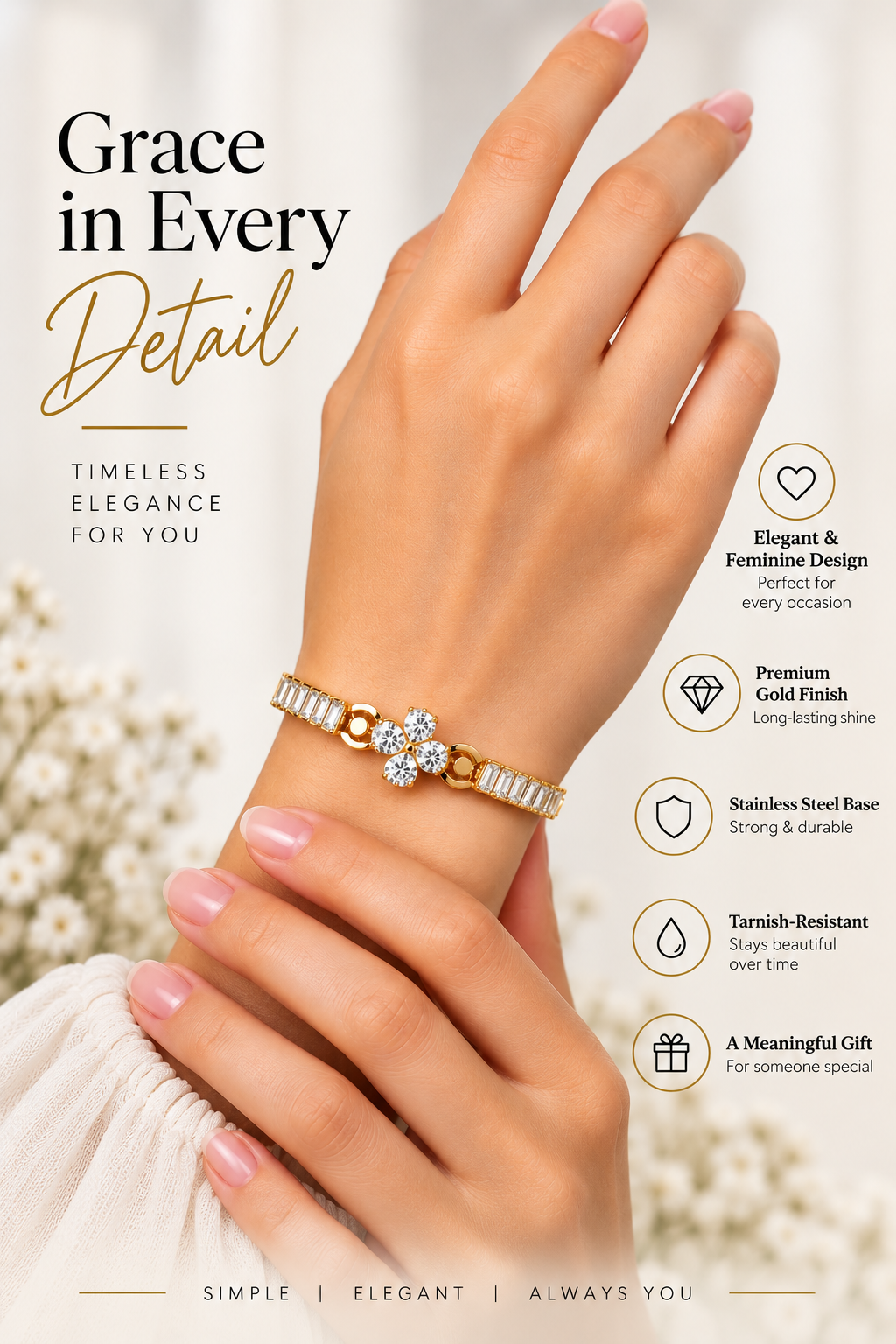 Gold Crystal Flower Bracelet – Elegant Statement Jewellery Australia