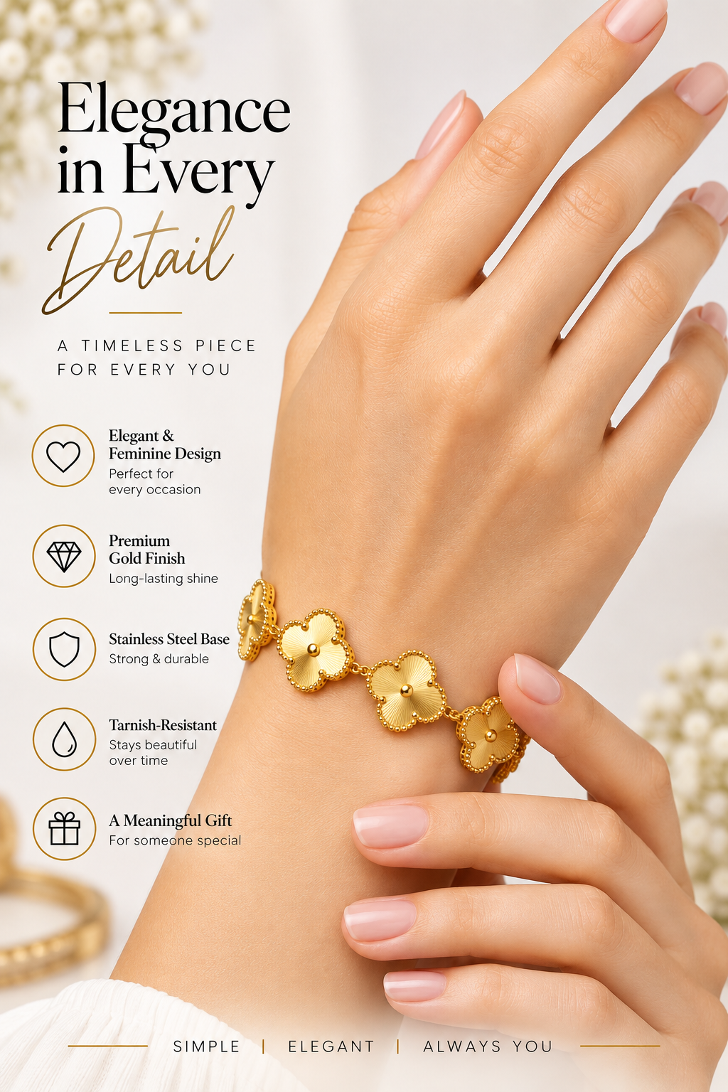 Gold Clover Charm Bracelet – Elegant Statement Jewellery Australia