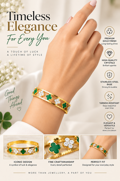 Gold Green Clover Crystal Bangle – Elegant Statement Jewellery Australia