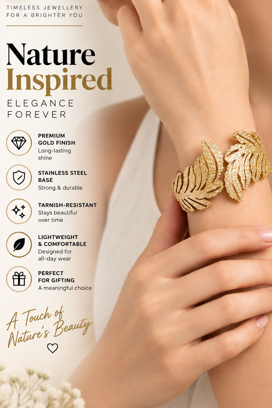A close-up lifestyle shot of a model wearing a gold leaf cuff ring, with text overlays on the left detailing the product's features and benefits. The background is a soft beige tone.