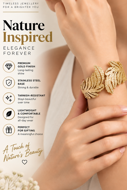 A close-up lifestyle shot of a model wearing a gold leaf cuff ring, with text overlays on the left detailing the product's features and benefits. The background is a soft beige tone.