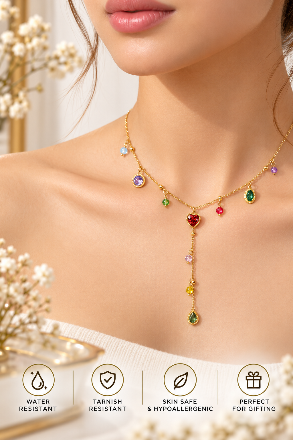 Gold Multicolour Crystal Charm Y Necklace – Elegant Luxury Jewellery Australia