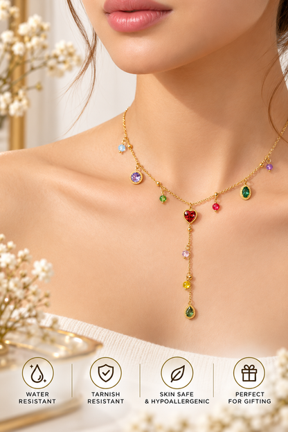 Gold Multicolour Crystal Charm Y Necklace – Elegant Luxury Jewellery Australia