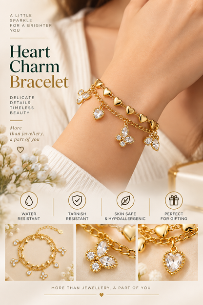 Gold Heart & Crystal Charm Bracelet – Elegant Luxury Jewellery Australia
