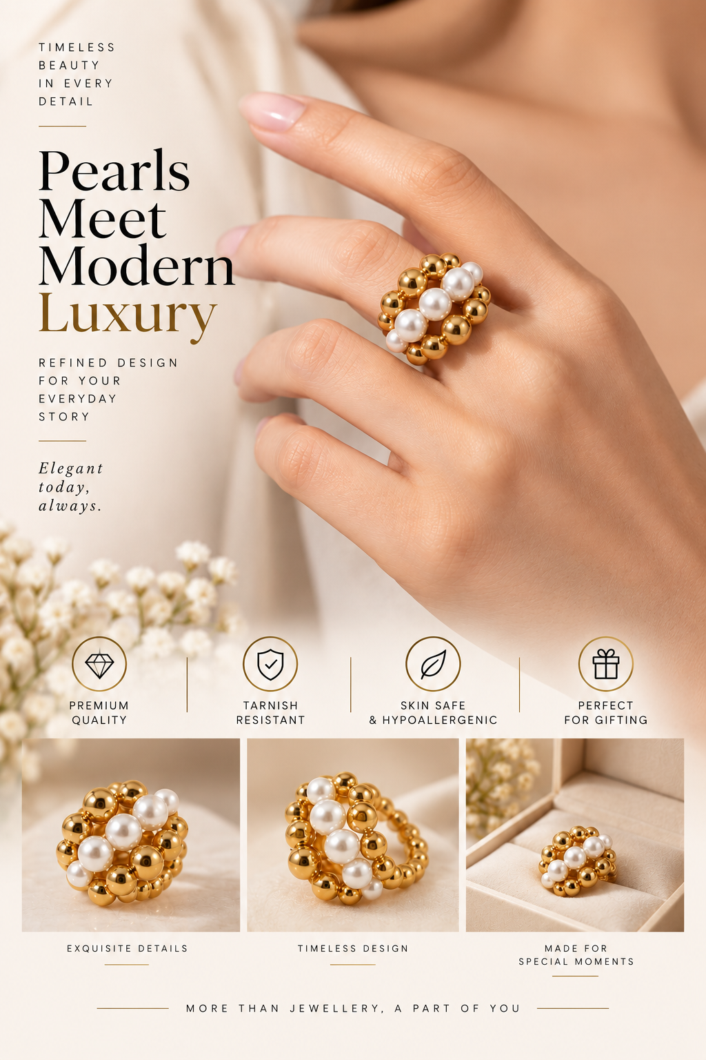 Gold Pearl Beaded Statement Ring – Elegant Luxury Jewellery Australia