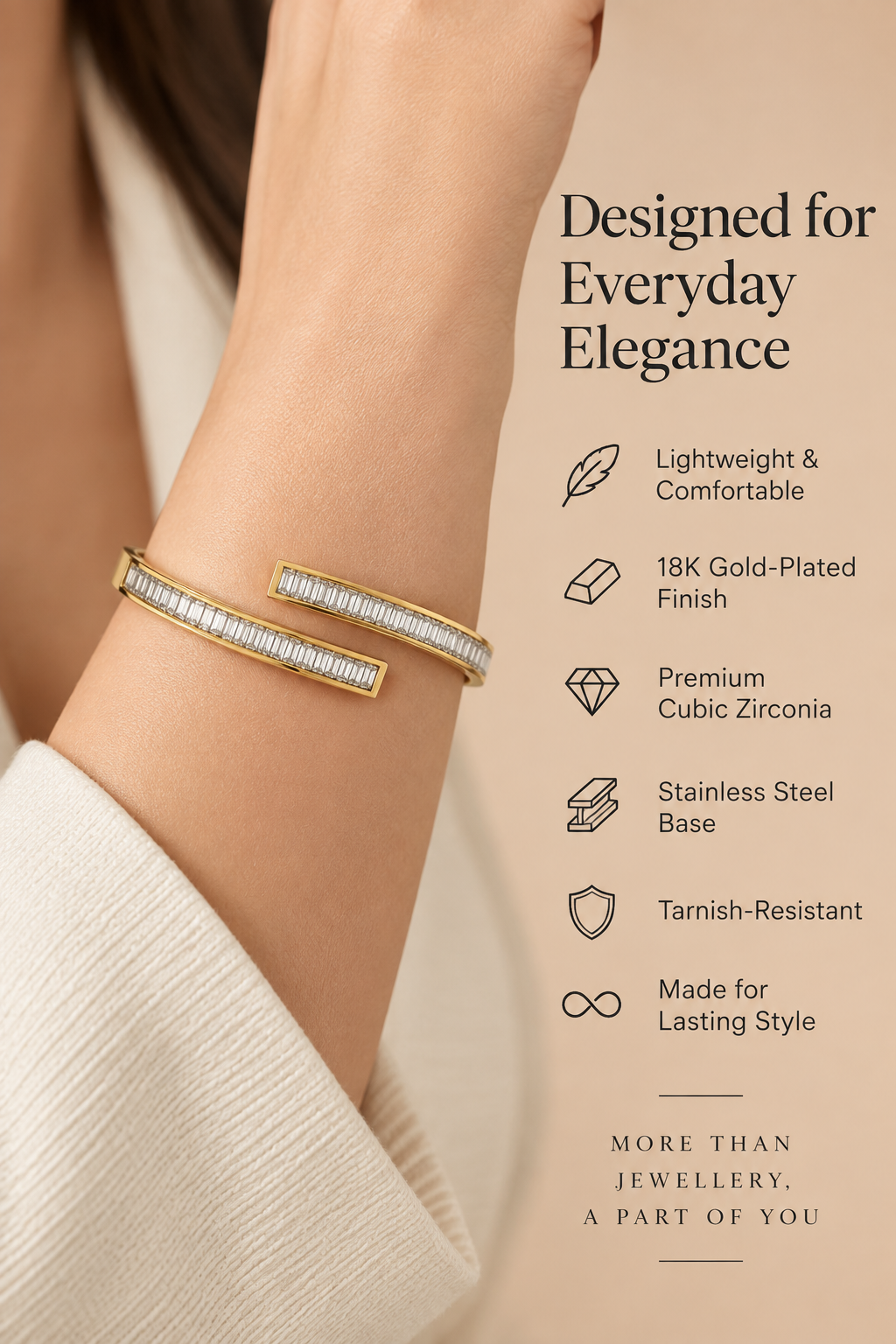 Gold Baguette Crystal Cuff Bracelet – Minimal Luxury Jewellery Australia