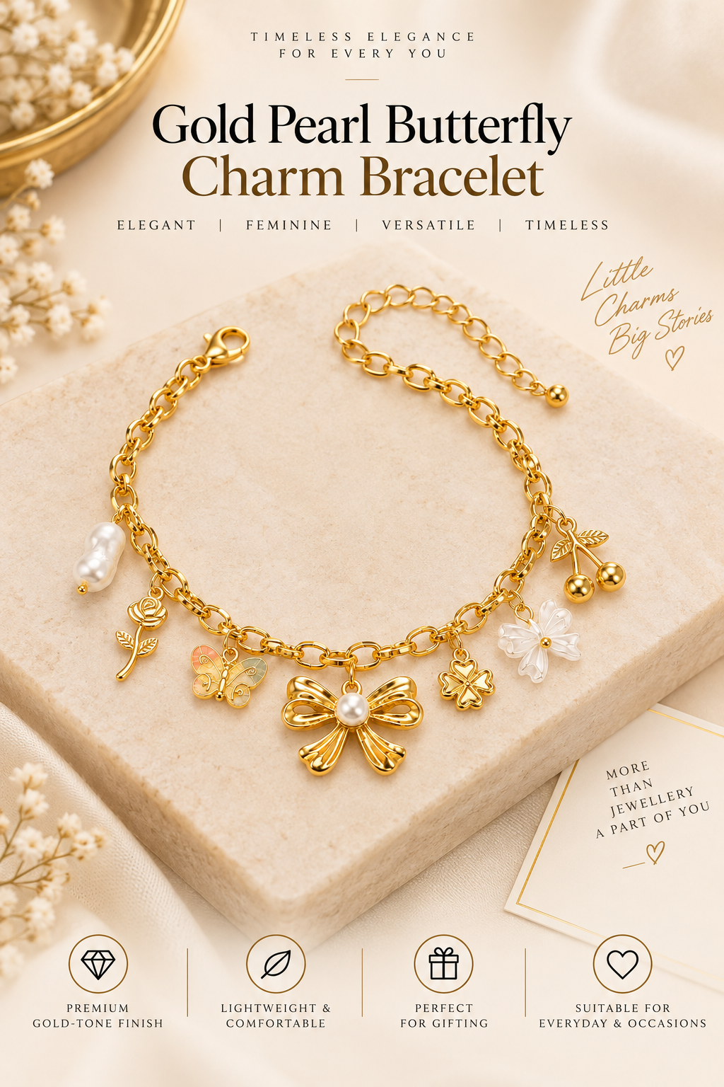 Gold Pearl Butterfly Charm Bracelet – Elegant Luxury Jewellery Australia  Description