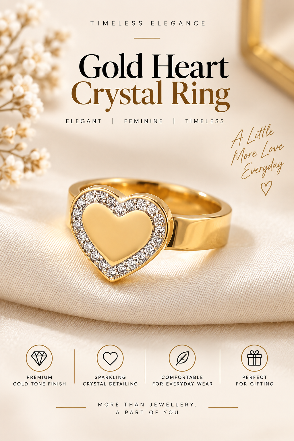 Gold Heart Crystal Statement Ring – Elegant Luxury Jewellery Australia