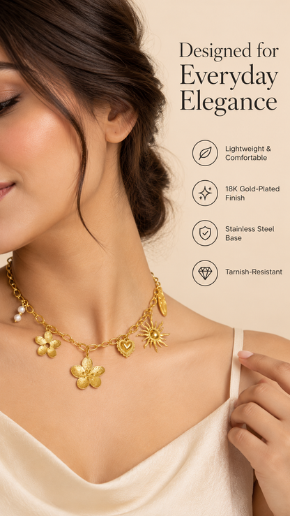Gold Floral Charm Bracelet – Sun, Flower & Pearl Charm Jewellery | Australian Jewellery