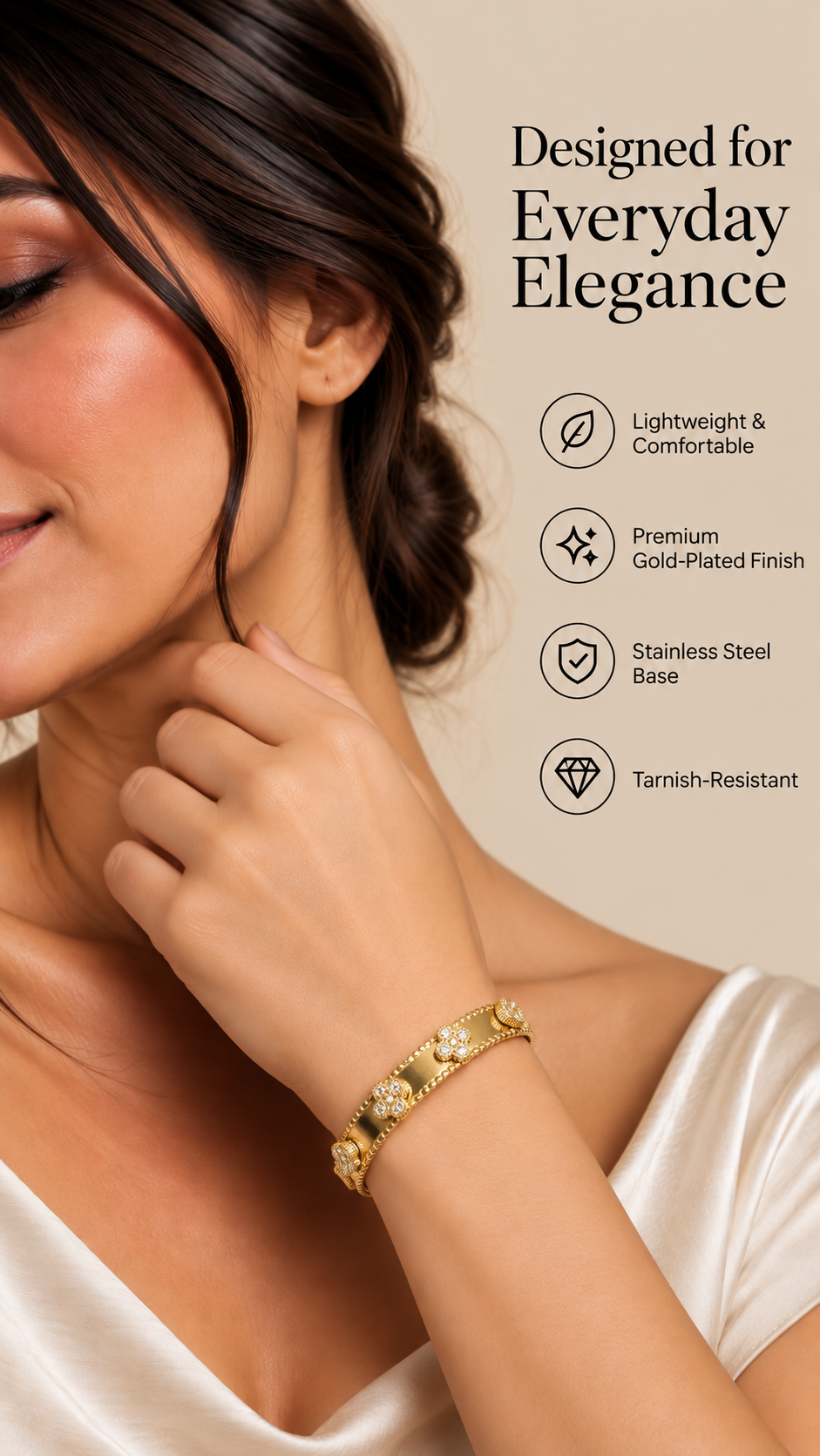 Gold Clover Crystal Bangle – Elegant Floral Statement Bracelet | Australian Jewellery