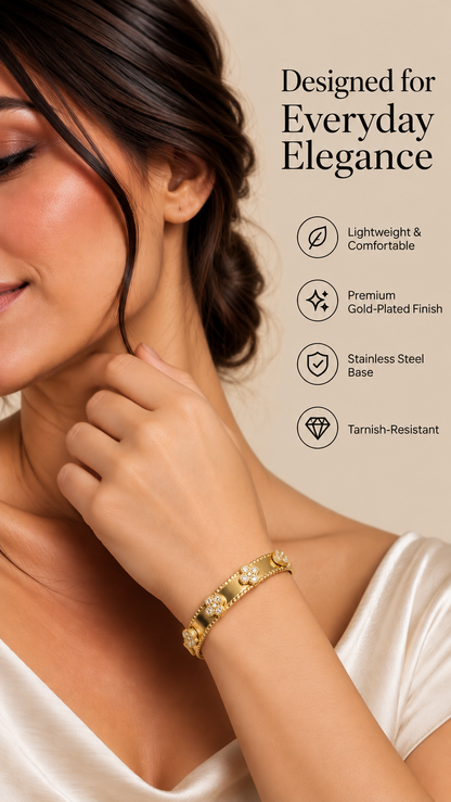 Gold Clover Crystal Bangle – Elegant Floral Statement Bracelet | Australian Jewellery