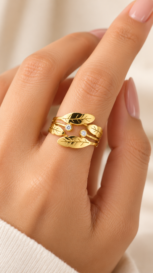 Gold Leaf Wrap Ring – Nature-Inspired Adjustable Ring with Crystal Details | Australian Jewellery