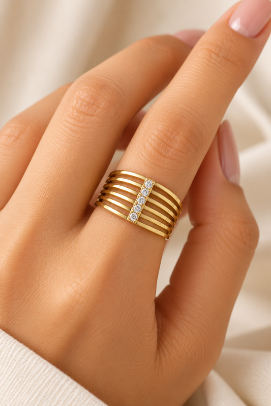 Gold Layered Crystal Band Ring – Multi-Strand CZ Statement Ring | Australian Jewellery