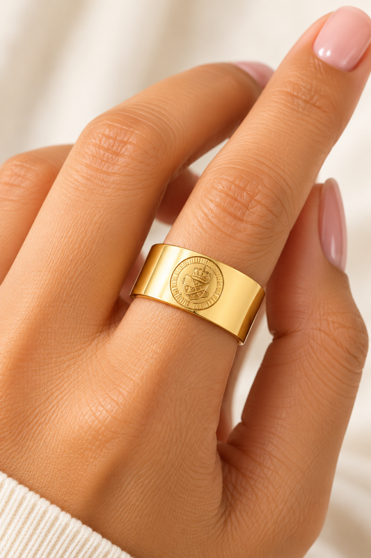 Gold Heritage Crest Band Ring – Vintage Emblem Statement Ring | Australian Jewellery