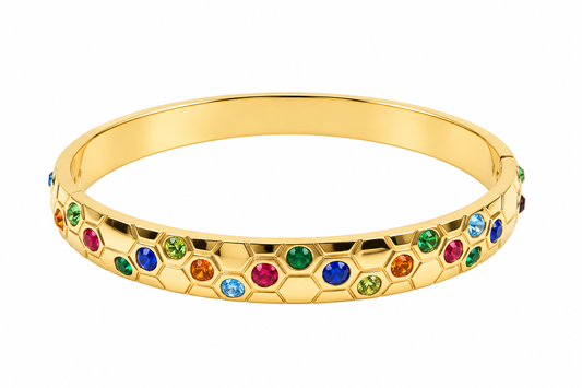 Gold Rainbow Gemstone Honeycomb Bangle – Colourful Statement Bracelet | Australian Jewellery