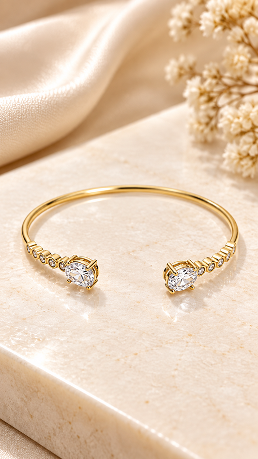 Gold Oval Crystal Open Cuff Bangle – Elegant CZ Statement Bracelet | Australian Jewellery