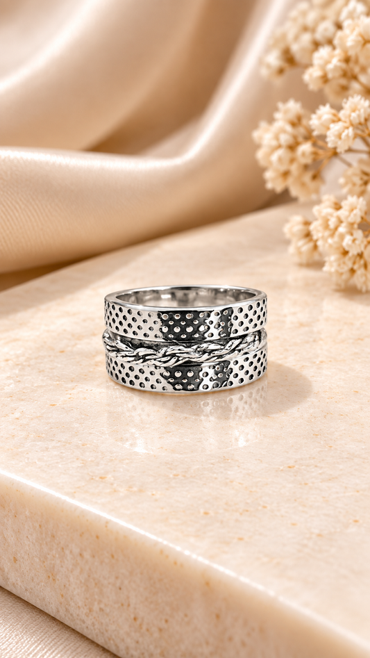 Silver Textured Heritage Band Ring – Intricate Pattern Statement Ring | Australian Jewellery