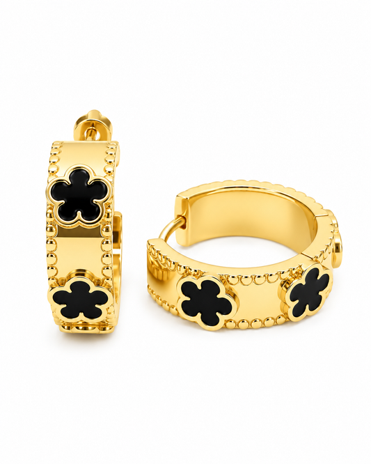 Gold Black Clover Hoop Earrings – Enamel Four-Leaf Clover Huggie Earrings | Australian Jewellery