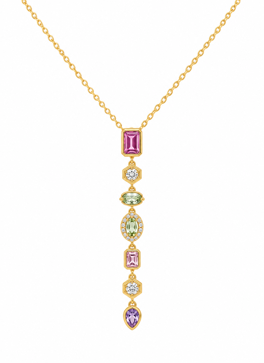 Gold Multicolour Crystal Drop Necklace – Rainbow Gemstone Cascade Jewellery | Australian Jewellery