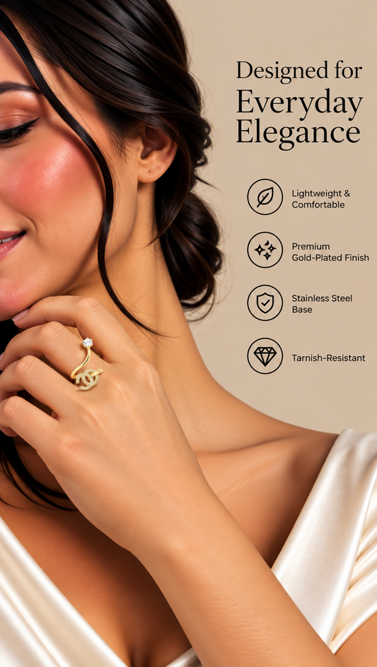 Golden Icon Spiral Crystal Ring – Elegant Double-C Logo Statement Ring | Australian Jewellery