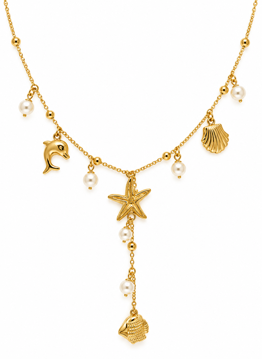 Gold Ocean Treasure Charm Necklace – Starfish, Dolphin & Pearl Necklace | Australian Jewellery