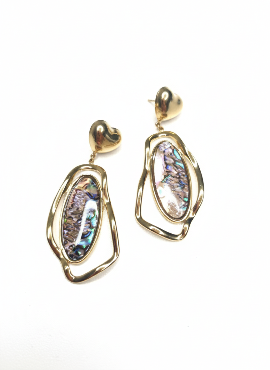 Gold Abalone Heart Drop Earrings