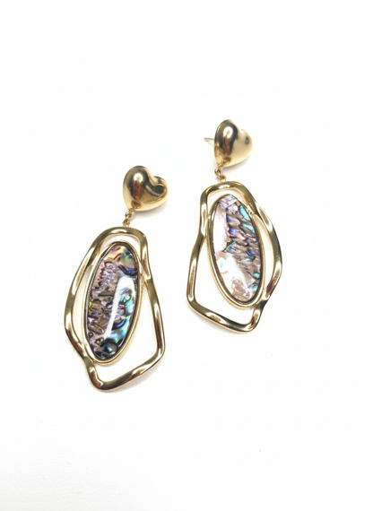 Gold Abalone Heart Drop Earrings